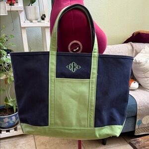 Vintage LL Bean Boat & Tote Canvas Vinyl All Weather Bag Blue Green Large